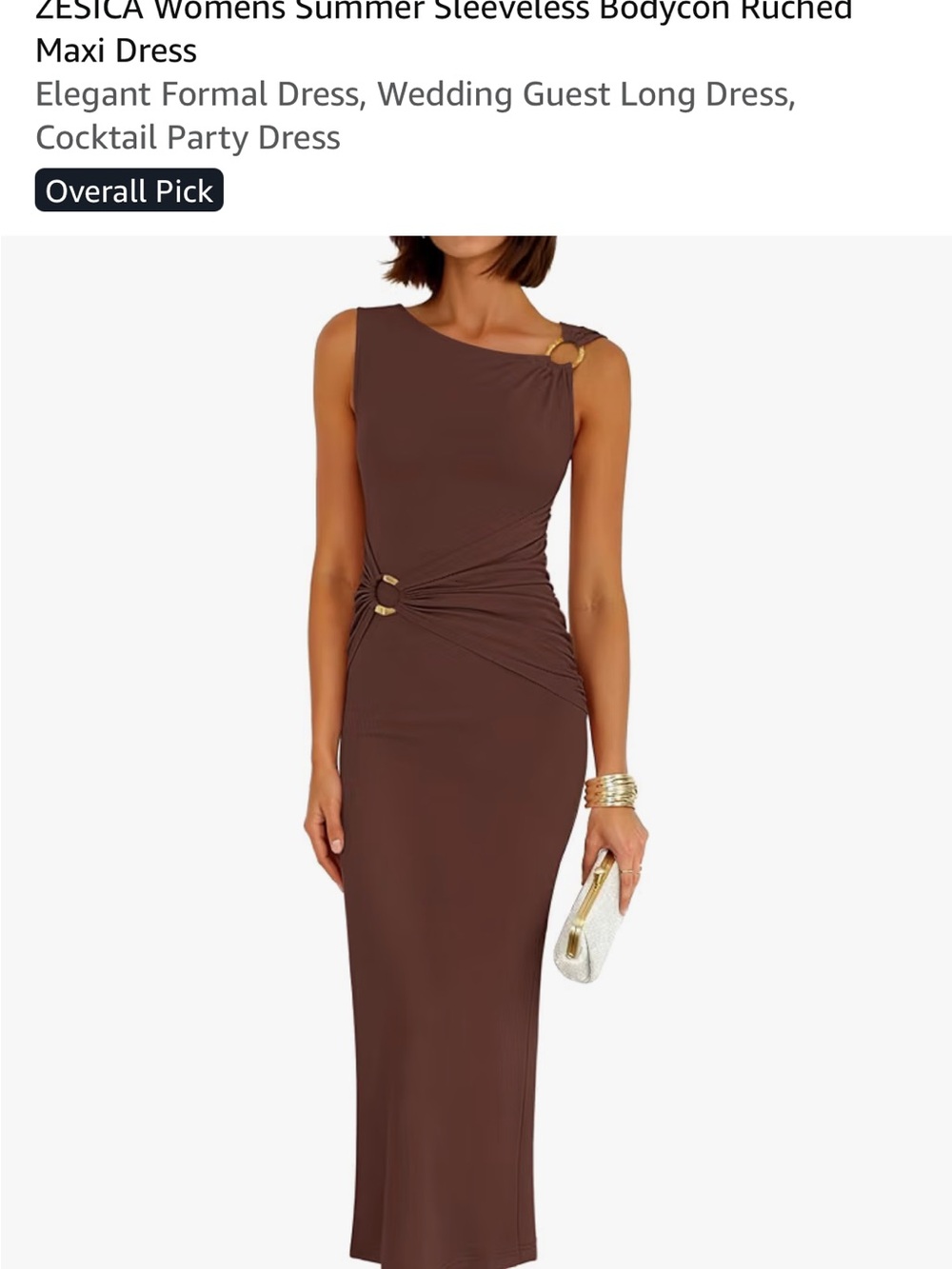 Sleeveless Brown Bodycon Maxi Dress with Gold Ring Detail